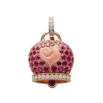 Ciondolo Chantecler Campanella grande in oro rosa e rubini, galletto in corallo rosa