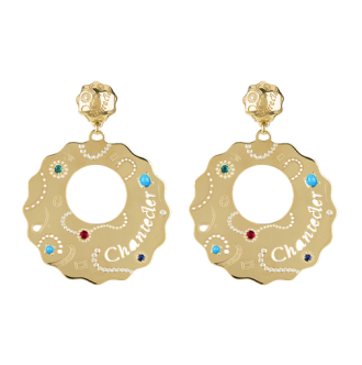 Orecchini Chantecler Suamèm grandi in oro giallo 9 Kt con diamanti, zaffiri, rubini, smeraldi e turchese