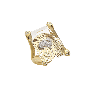 Anello Chantecler Logo in oro giallo 18 Kt, siamite e gallo in diamanti misura 15
