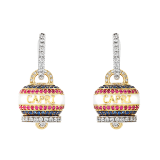 Orecchini Chantecler Campanella Capriness medi in oro giallo 18 Kt, diamanti, rubini, zaffiri e smalto bianco