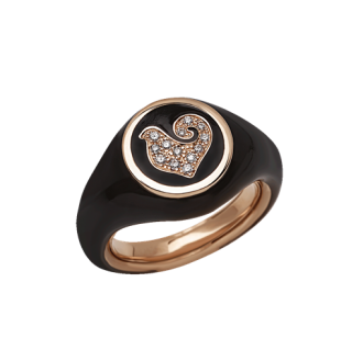Anello Chantecler Paillettes Sygillum in oro rosa 18 Kt, galletto in pavè di diamanti e smalto nero misura 15