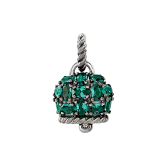 Ciondolo Chantecler Et Voilà Campanella, con siamite verde smeraldo tagliato ovale in incassi a punte, montato su argento antico, con un diamante tagliato brillantemente