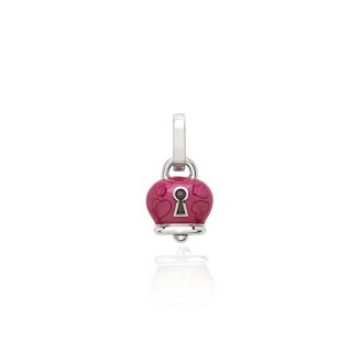 Ciondolo Chantecler Campanella micro con cuori e lucchetto in argento e smalto bouganville