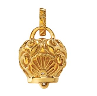 Ciondolo Chantecler Et Voilà Campanella grande, con volute barocche sbalzate a mano in argento dorato e diamanti taglio brillante