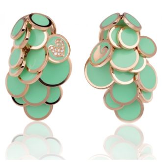 Orecchini Chantecler a cascata paillettes in oro rosa, diamanti e smalto verde