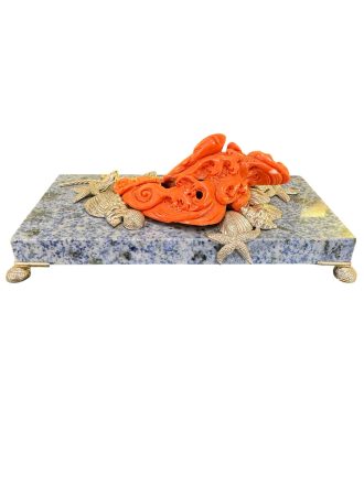 Scultura in corallo rosso giapponese naturale su base in argento e marmo