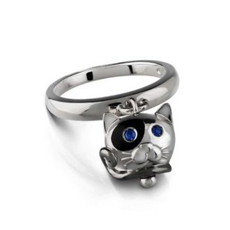 Anello Chantecler campanella gatto in argento, smalto nero, zaffiri blu misura 11